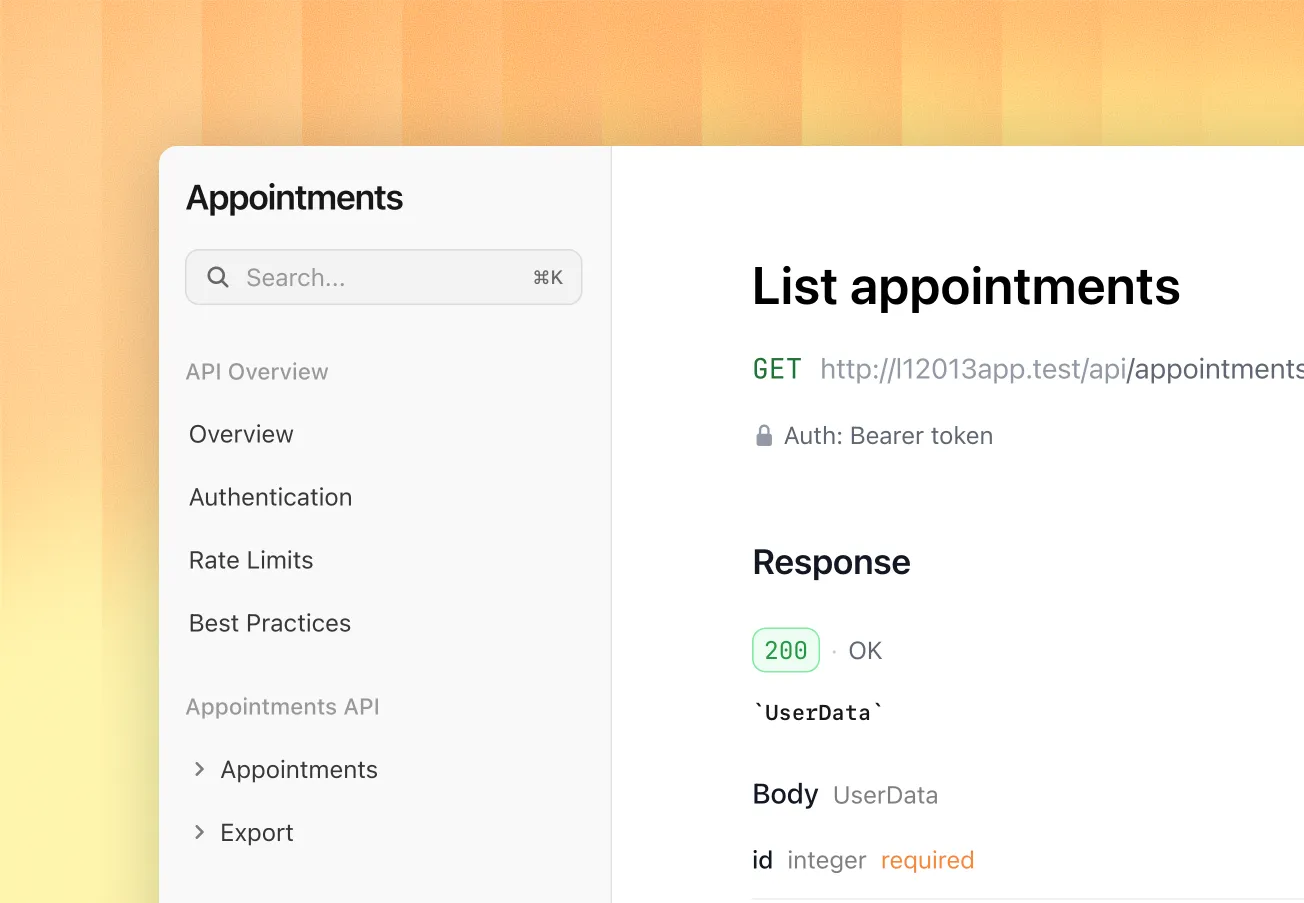 Hosted API documentation showing an appointments endpoint and its response schema.